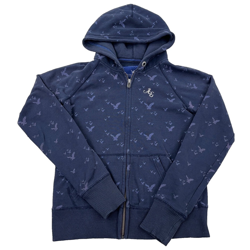 Vintage Y2K American Eagle Hoodie Women Small Blue Full Zip Jacket‎ AOP Faded *